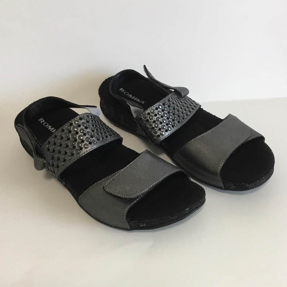 ROMIKA - Women's Leather Sandals with Studs, Pewter Gray, Size 42